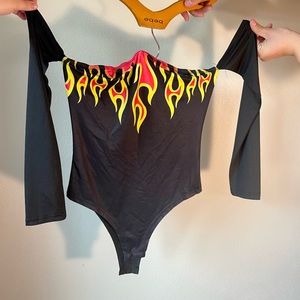 Long-sleeve Off The Shoulder Flames Unitard